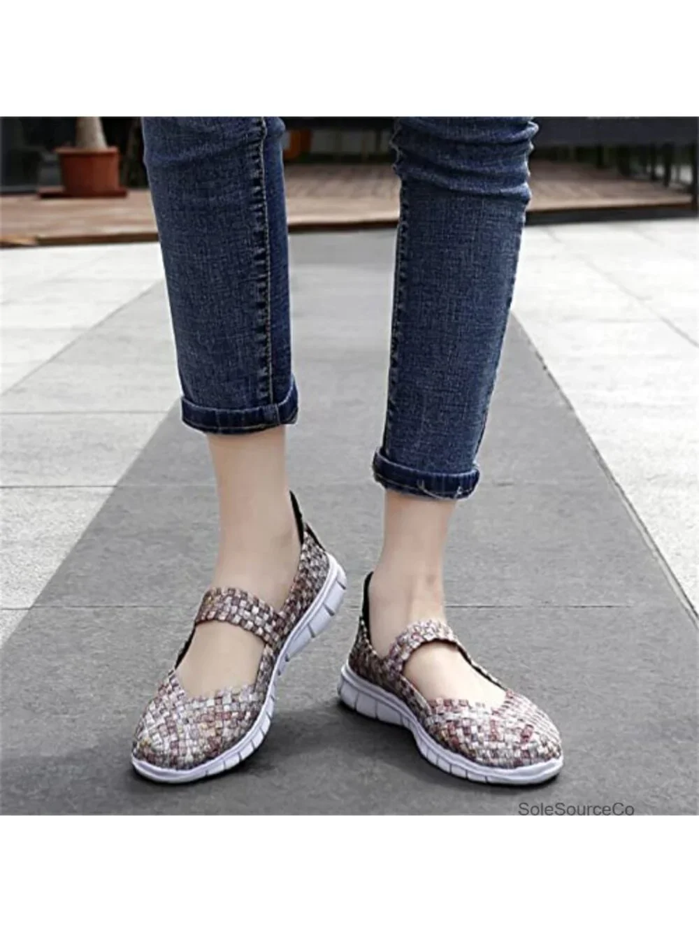 Mary Jane Sneaker Flats Woven Elastic Wedge Walking Shoes